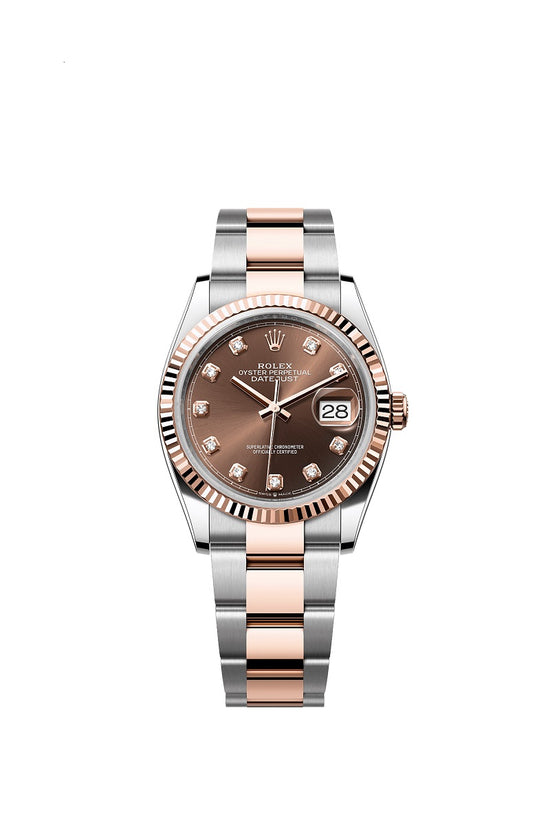 Rolex Replica Watch Datejust 36, Oystersteel and 18k Everose Gold, Chocolate sunray set with 10 diamonds dial, Fluted Oyster, 126231-0054