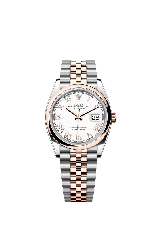 Rolex Replica Watch Datejust 36, Oystersteel and 18k Everose Gold, Intense White Roman dial, Domed Jubilee, 126201-0045