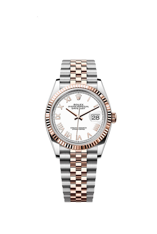 Rolex Replica Watch Datejust 36, Oystersteel and 18k Everose Gold, Intense White Roman dial, Fluted Jubilee, 126231-0045