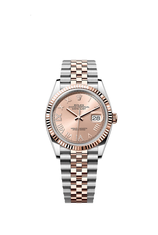 Rolex Replica Watch Datejust 36, Oystersteel and 18k Everose Gold, Rosé-colour set with diamonds dial, Fluted Jubilee, 126231-0049