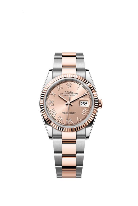 Rolex Replica Watch Datejust 36, Oystersteel and 18k Everose Gold, Rosé-colour set with diamonds dial, Fluted Oyster, 126231-0050