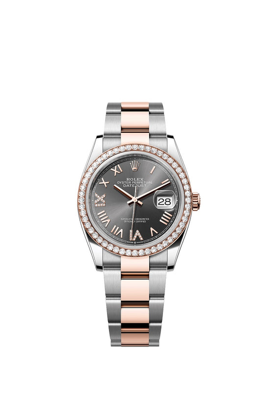 Rolex Replica Watch Datejust 36, Oystersteel and 18k Everose Gold, Slate set with diamonds dial, Diamond-set bezel Oyster, 126281rbr-0036