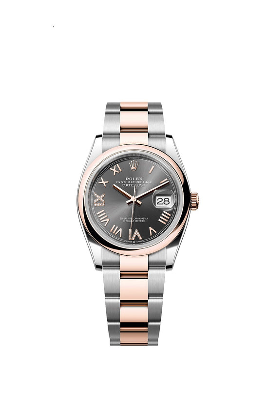 Rolex Replica Watch Datejust 36, Oystersteel and 18k Everose Gold, Slate set with diamonds dial, Domed Oyster, 126201-0048