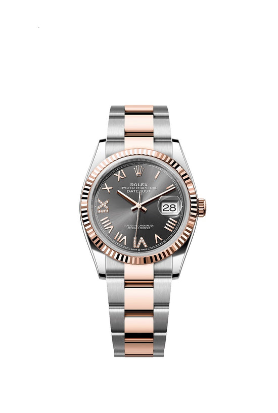 Rolex Replica Watch Datejust 36, Oystersteel and 18k Everose Gold, Slate set with diamonds dial, Fluted Oyster, 126231-0048