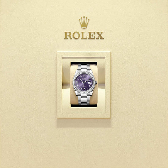 Rolex Replica Watch Datejust 36, Oystersteel and 18k White Gold, Aubergine set with diamonds dial, Diamond-set bezel Oyster, 126284rbr-0056
