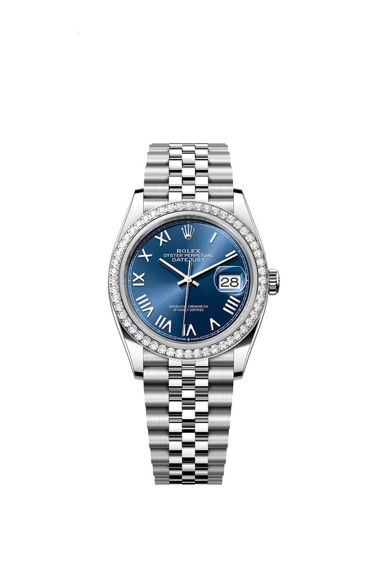 Rolex Replica Watch Datejust 36, Oystersteel and 18k White Gold, Bright blue sunray dial, Diamond-set bezel Jubilee, 126284rbr-0061