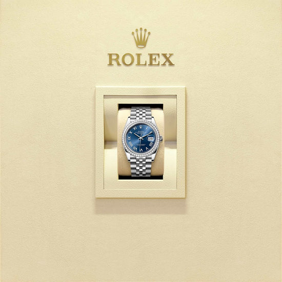 Rolex Replica Watch Datejust 36, Oystersteel and 18k White Gold, Bright blue sunray dial, Diamond-set bezel Jubilee, 126284rbr-0061