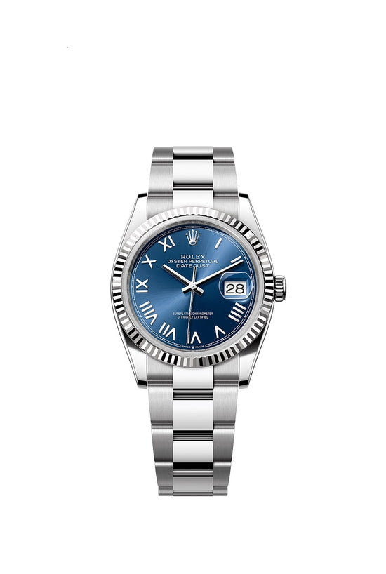 Rolex Replica Watch Datejust 36, Oystersteel and 18k White Gold, Bright blue sunray dial, Fluted Oyster, 126234-0070