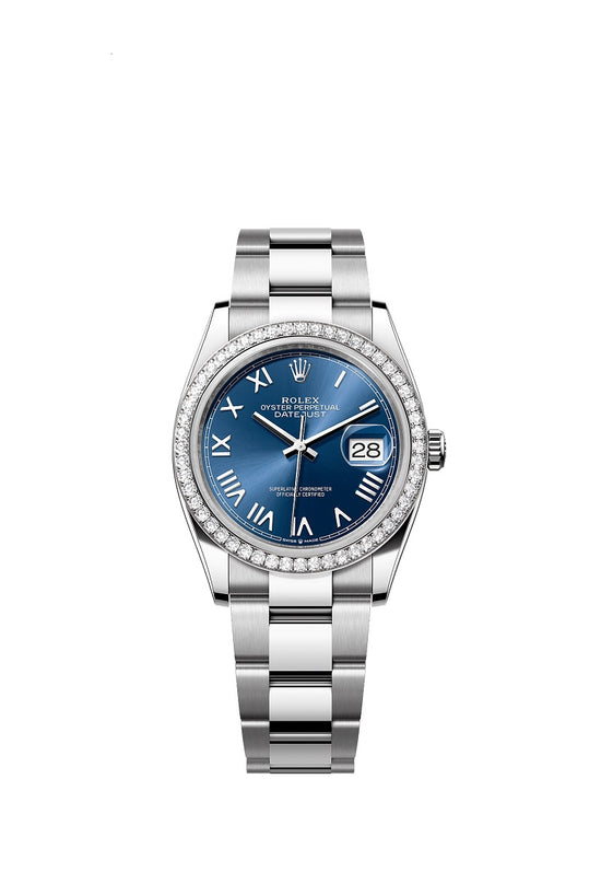 Rolex Replica Watch Datejust 36, Oystersteel and 18k White Gold, Bright blue sunray, Diamond-set bezel Oyster, 126284rbr-0062