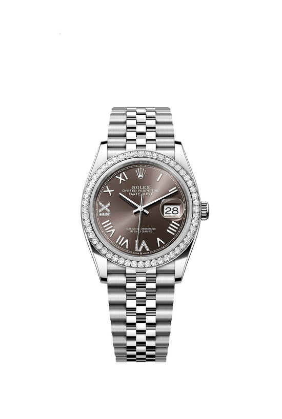 Rolex Replica Watch Datejust 36, Oystersteel and 18k White Gold, Dark grey set with diamonds dial, Diamond-set bezel Jubilee, 126284rbr-0063