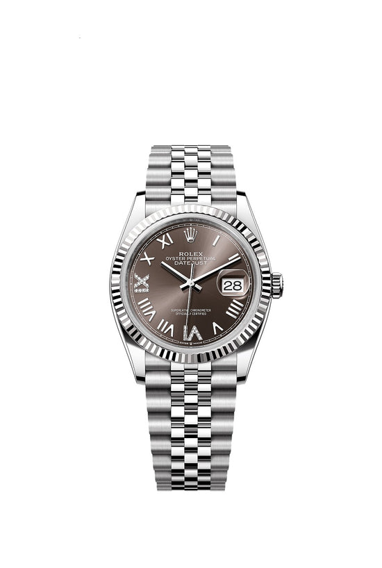 Rolex Replica Watch Datejust 36, Oystersteel and 18k White Gold, Dark grey set with diamonds dial, Fluted Jubilee, 126234-0071