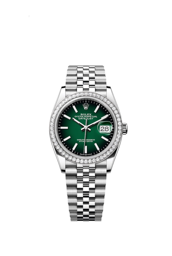 Rolex Replica Watch Datejust 36, Oystersteel and 18k White Gold, Green ombré dial, Diamond-set bezel Jubilee, 126284rbr-0051