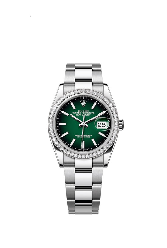 Rolex Replica Watch Datejust 36, Oystersteel and 18k White Gold, Green ombré dial, Diamond-set bezel Oyster, 126284rbr-0052