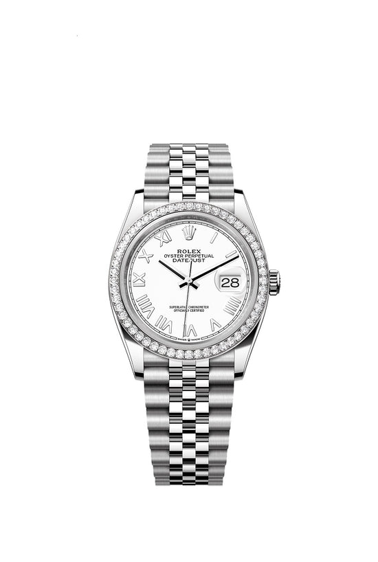 Rolex Replica Watch Datejust 36, Oystersteel and 18k White Gold, Intense white dial, Diamond-set bezel Jubilee, 126284rbr-0053