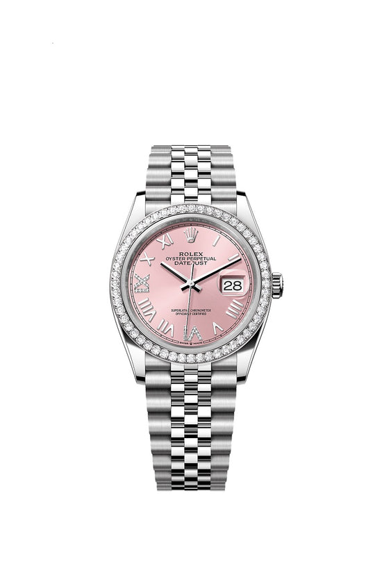 Rolex Replica Watch Datejust 36, Oystersteel and 18k White Gold, Pink set with diamonds dial, Diamond-set bezel Jubilee, 126284rbr-0057