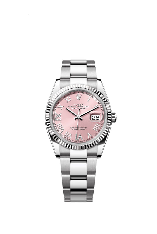 Rolex Replica Watch Datejust 36, Oystersteel and 18k White Gold, Pink set with diamonds dial, Fluted Oyster, 126234-0066