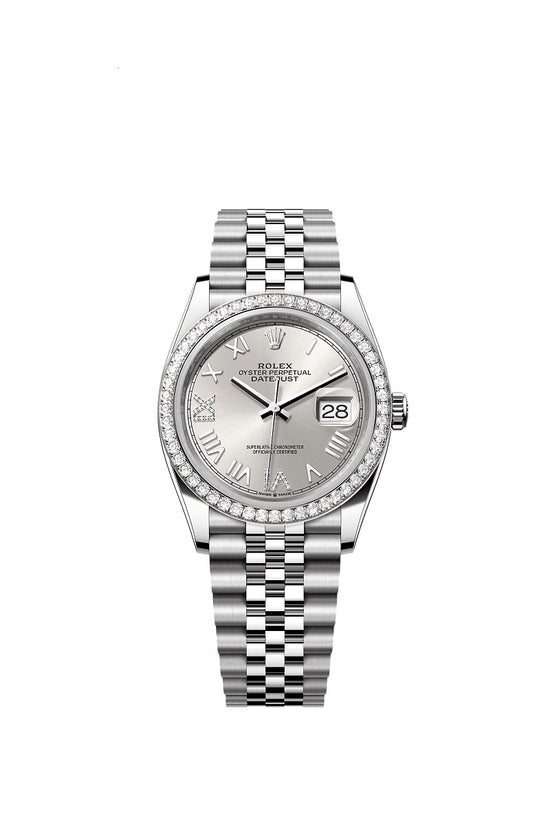 Rolex Replica Watch Datejust 36, Oystersteel and 18k White Gold, Silver set with diamonds dial, Diamond-set bezel Jubilee, 126284rbr-0059