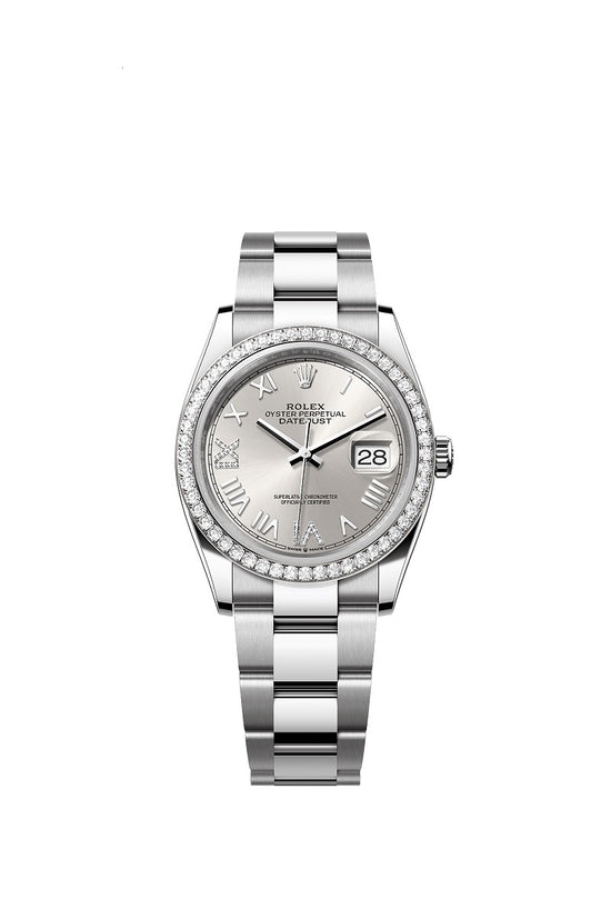 Rolex Replica Watch Datejust 36, Oystersteel and 18k White Gold, Silver set with diamonds dial, Diamond-set bezel Oyster, 126284rbr-0060