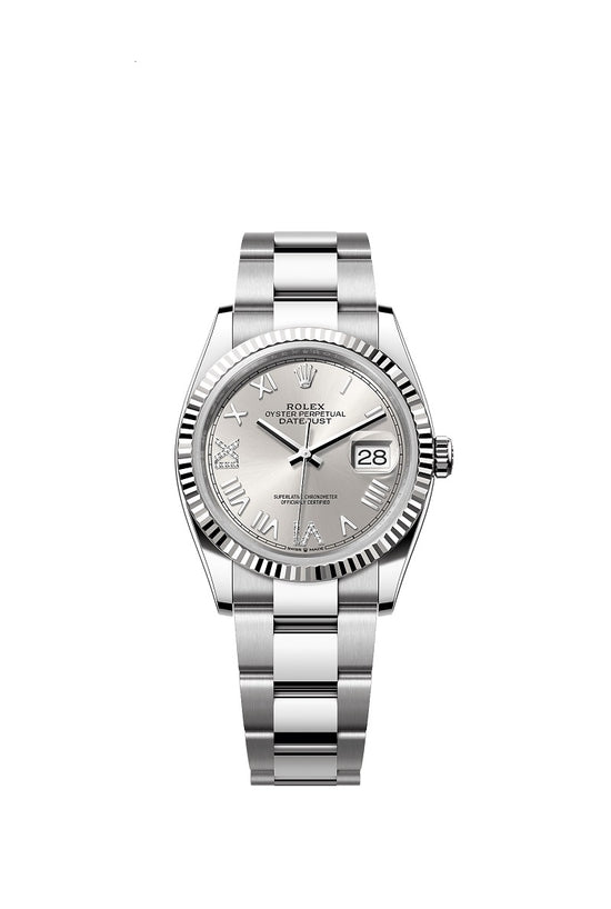 Rolex Replica Watch Datejust 36, Oystersteel and 18k White Gold, Silver set with diamonds dial, Fluted Oyster, 126234-0068