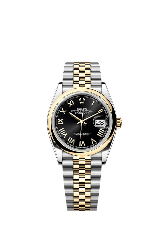 Rolex Replica Watch Datejust 36, Oystersteel and 18k Yellow Gold, Bright black Roman sunray dial, Domed Jubilee, 126203-0055