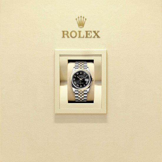 Rolex Replica Watch Datejust 36, Oystersteel and 18k Yellow Gold, Bright black Roman sunray dial, Domed Jubilee, 126203-0055