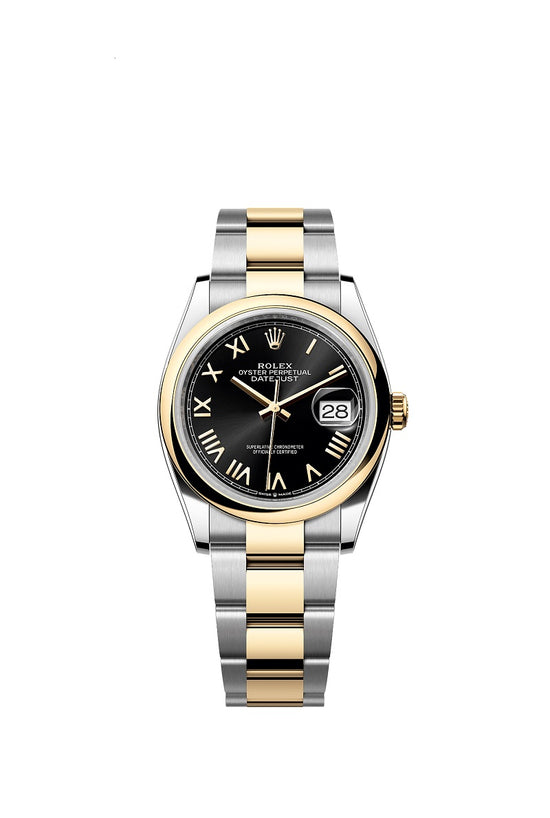 Rolex Replica Watch Datejust 36, Oystersteel and 18k Yellow Gold, Bright black Roman sunray dial, Domed Oyster, 126203-0056