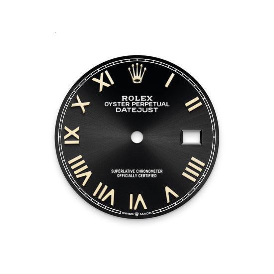 Rolex Replica Watch Datejust 36, Oystersteel and 18k Yellow Gold, Bright black Roman sunray dial, Domed Oyster, 126203-0056