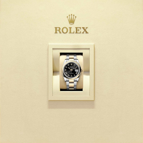 Rolex Replica Watch Datejust 36, Oystersteel and 18k Yellow Gold, Bright black Roman sunray dial, Domed Oyster, 126203-0056