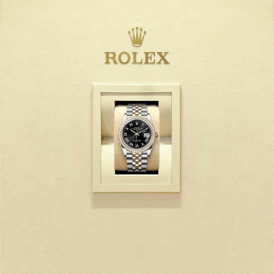 Rolex Replica Watch Datejust 36, Oystersteel and 18k Yellow Gold, Bright black sunray Roman dial, Diamond-set bezel Jubilee, 126283RBR-0041