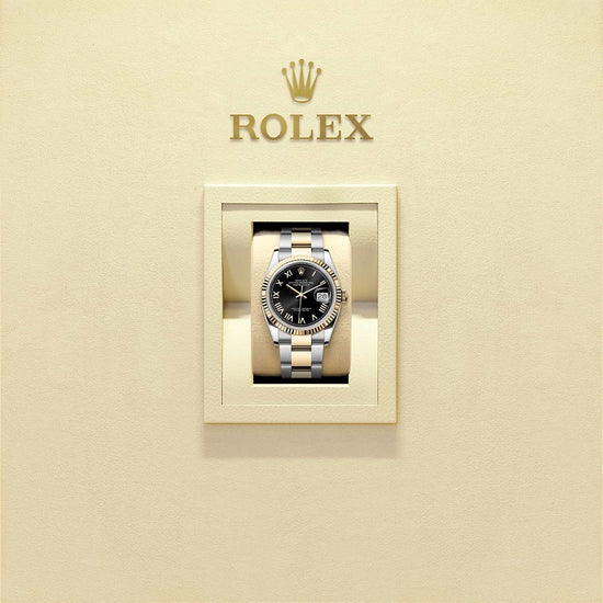 Rolex Replica Watch Datejust 36, Oystersteel and 18k Yellow Gold, Bright black sunray Roman dial, Fluted Oyster, 126233-0056
