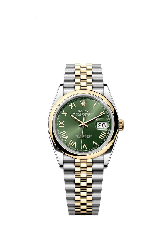 Rolex Replica Watch Datejust 36, Oystersteel and 18k Yellow Gold, Olive green Roman sunray dial, Domed Jubilee, 126203-0053
