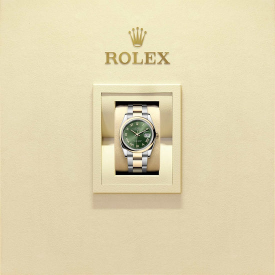Rolex Replica Watch Datejust 36, Oystersteel and 18k Yellow Gold, Olive green Roman sunray dial, Domed Oyster, 126203-0054