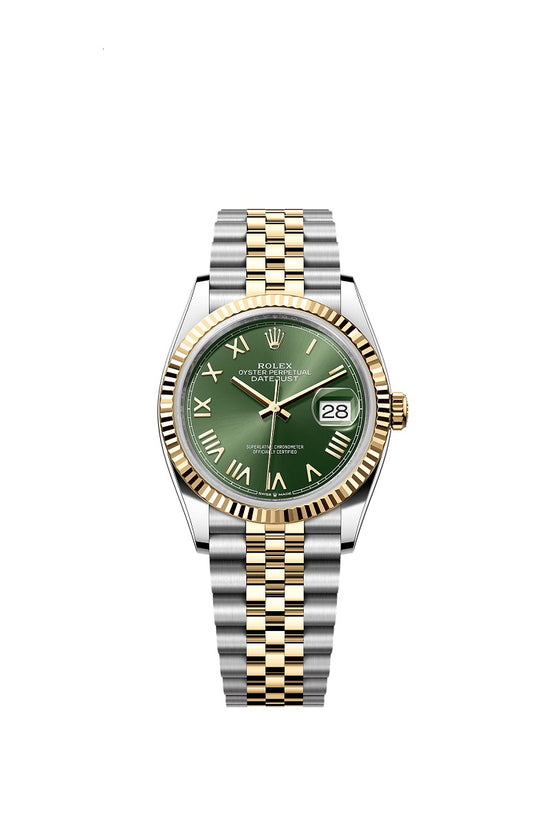 Rolex Replica Watch Datejust 36, Oystersteel and 18k Yellow Gold, Olive green Roman sunray dial, Fluted Jubilee, 126233-0053