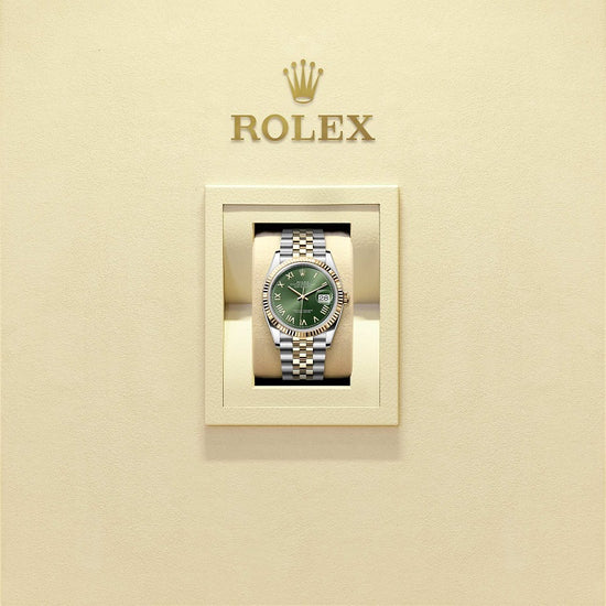 Rolex Replica Watch Datejust 36, Oystersteel and 18k Yellow Gold, Olive green Roman sunray dial, Fluted Jubilee, 126233-0053