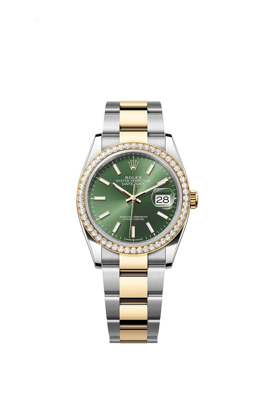 Rolex Replica Watch Datejust 36, Oystersteel and 18k Yellow Gold, Olive green sunray dial, Diamond-set bezel Oyster, 126283RBR-0044
