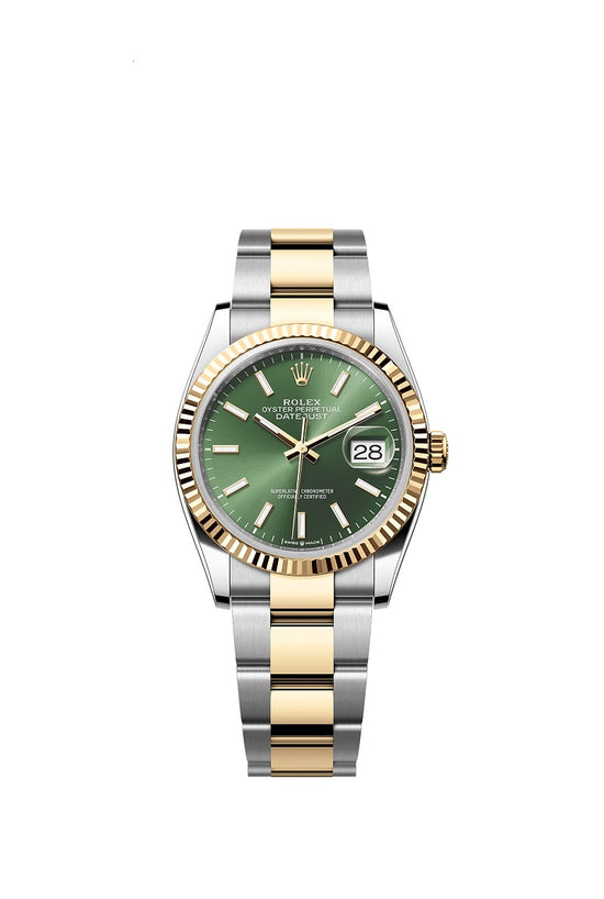 Rolex Replica Watch Datejust 36, Oystersteel and 18k Yellow Gold, Olive green sunray dial, Fluted Oyster, 126233-0058