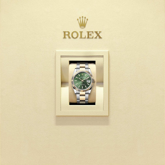 Rolex Replica Watch Datejust 36, Oystersteel and 18k Yellow Gold, Olive green sunray dial, Fluted Oyster, 126233-0058