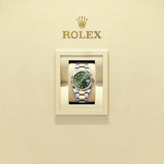 Rolex Replica Watch Datejust 36, Oystersteel and 18k Yellow Gold, Olive green sunray Roman dial, Fluted Oyster, 126233-0054