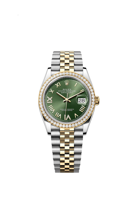 Rolex Replica Watch Datejust 36, Oystersteel and 18k Yellow Gold, Olive green sunray set with Diamonds dial, Diamond-set bezel Jubilee, 126283RBR-0035