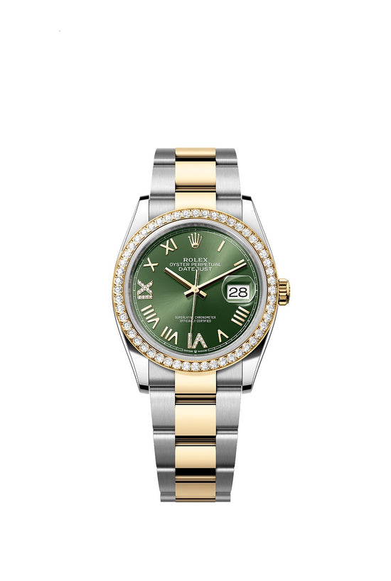 Rolex Replica Watch Datejust 36, Oystersteel and 18k Yellow Gold, Olive green sunray set with Diamonds dial, Diamond-set bezel Oyster, 126283RBR-0036