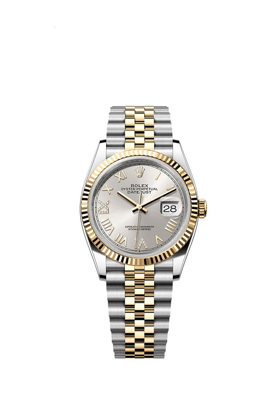 Rolex Replica Watch Datejust 36, Oystersteel and 18k Yellow Gold, Silver set with Diamonds dial, Fluted Jubilee, 126233-0051