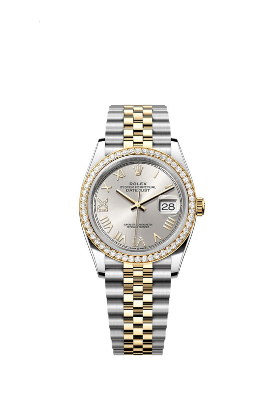 Rolex Replica Watch Datejust 36, Oystersteel and 18k Yellow Gold, Silver sunray set with Diamonds dial, Diamond-set bezel Jubilee, 126283RBR-0037