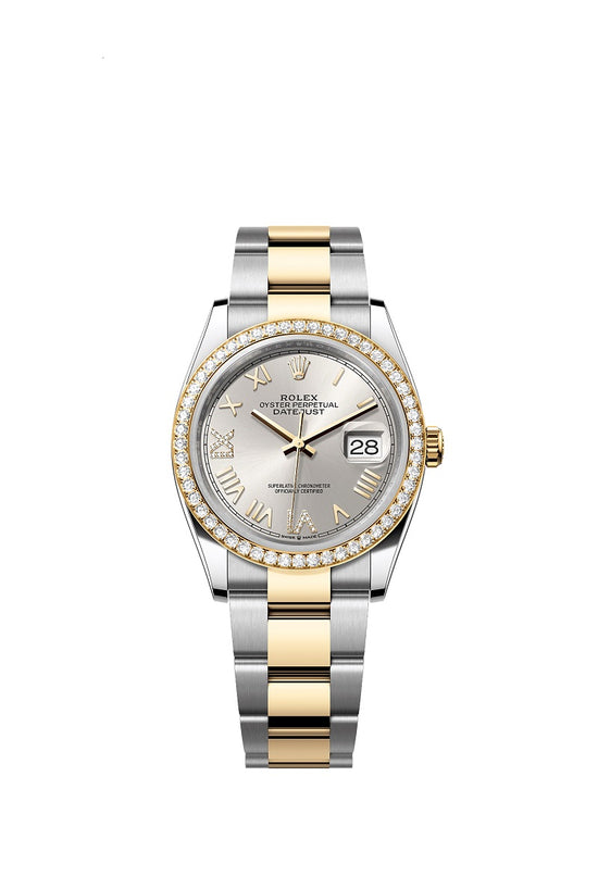 Rolex Replica Watch Datejust 36, Oystersteel and 18k Yellow Gold, Silver sunray set with Diamonds dial, Diamond-set bezel Oyster, 126283RBR-0038