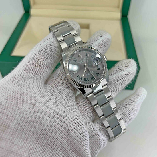 Rolex Replica Watch Datejust, 36mm, Oystersteel and 18k White Gold, Green Slate Roman, Oyster, Fluted, 126234-0046