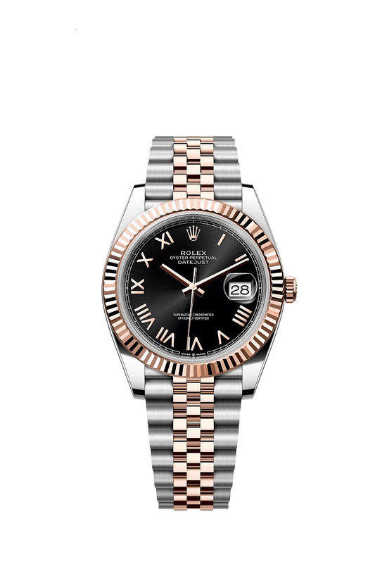 Rolex Replica Watch Datejust 41, Oystersteel and 18k Everose Gold, Bright black sunray Roman dial, Fluted Jubilee, 126331-0024