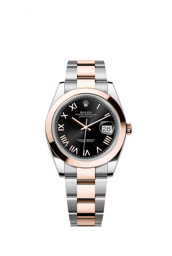 Rolex Replica Watch Datejust 41, Oystersteel and 18k Everose Gold, Bright black sunray Roman dial, Smooth Oyster, 126301-0023