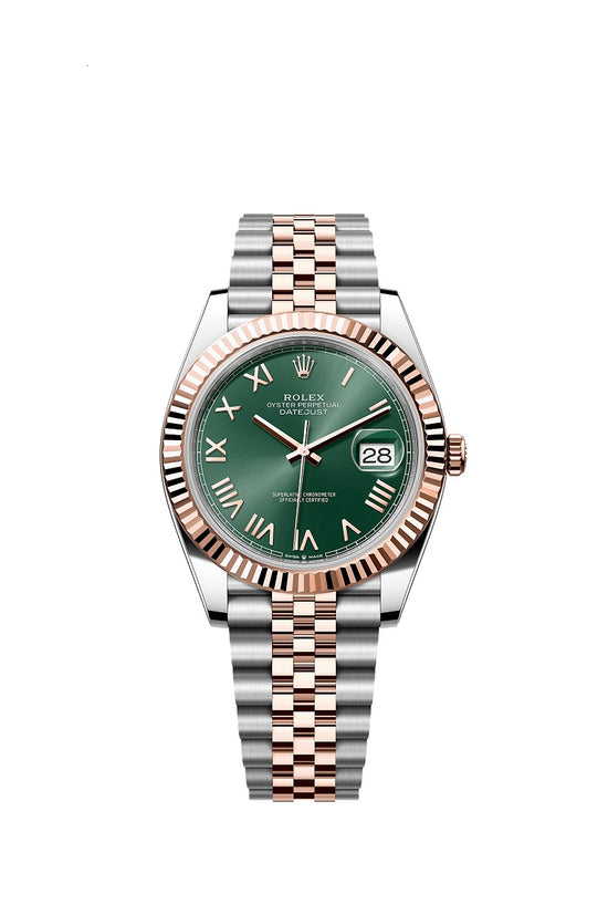 Rolex Replica Watch Datejust 41, Oystersteel and 18k Everose Gold, Mint green sunray Roman dial, Fluted Jubilee, 126331-0022
