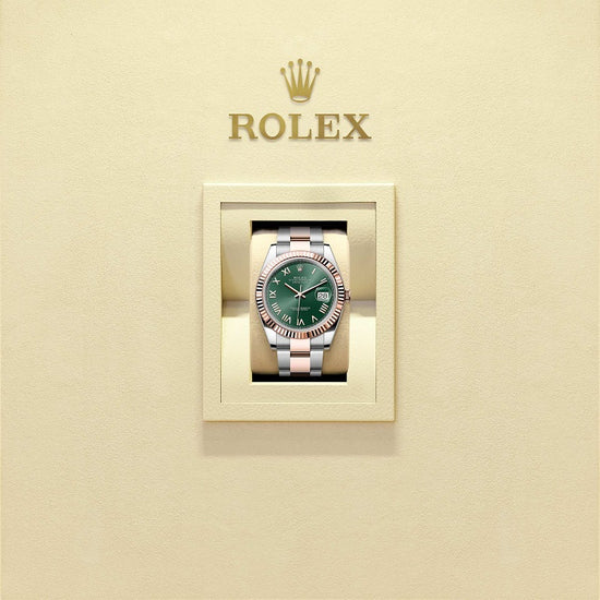 Rolex Replica Watch Datejust 41, Oystersteel and 18k Everose Gold, Mint green sunray Roman dial, Fluted Oyster, 126331-0021