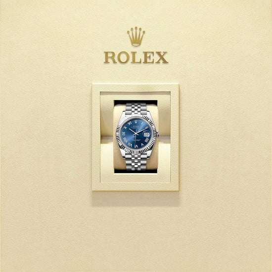 Rolex Replica Watch Datejust 41, Oystersteel and 18k White Gold, Bright blue sunray Roman dial, Fluted Jubilee, 126334-0038