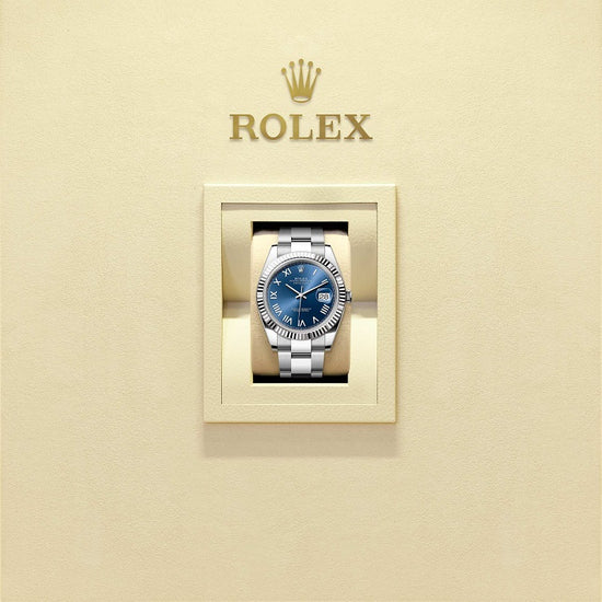 Rolex Replica Watch Datejust 41, Oystersteel and 18k White Gold, Bright blue sunray Roman dial, Fluted Oyster, 126334-0037